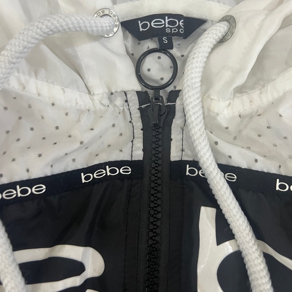 BEBE Woven Black White Logo Hooded Jacket w/ Vented Perforated Panel & Logo Tape - Picture 10 of 16